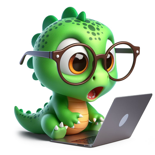 Cartoon dino on a computer